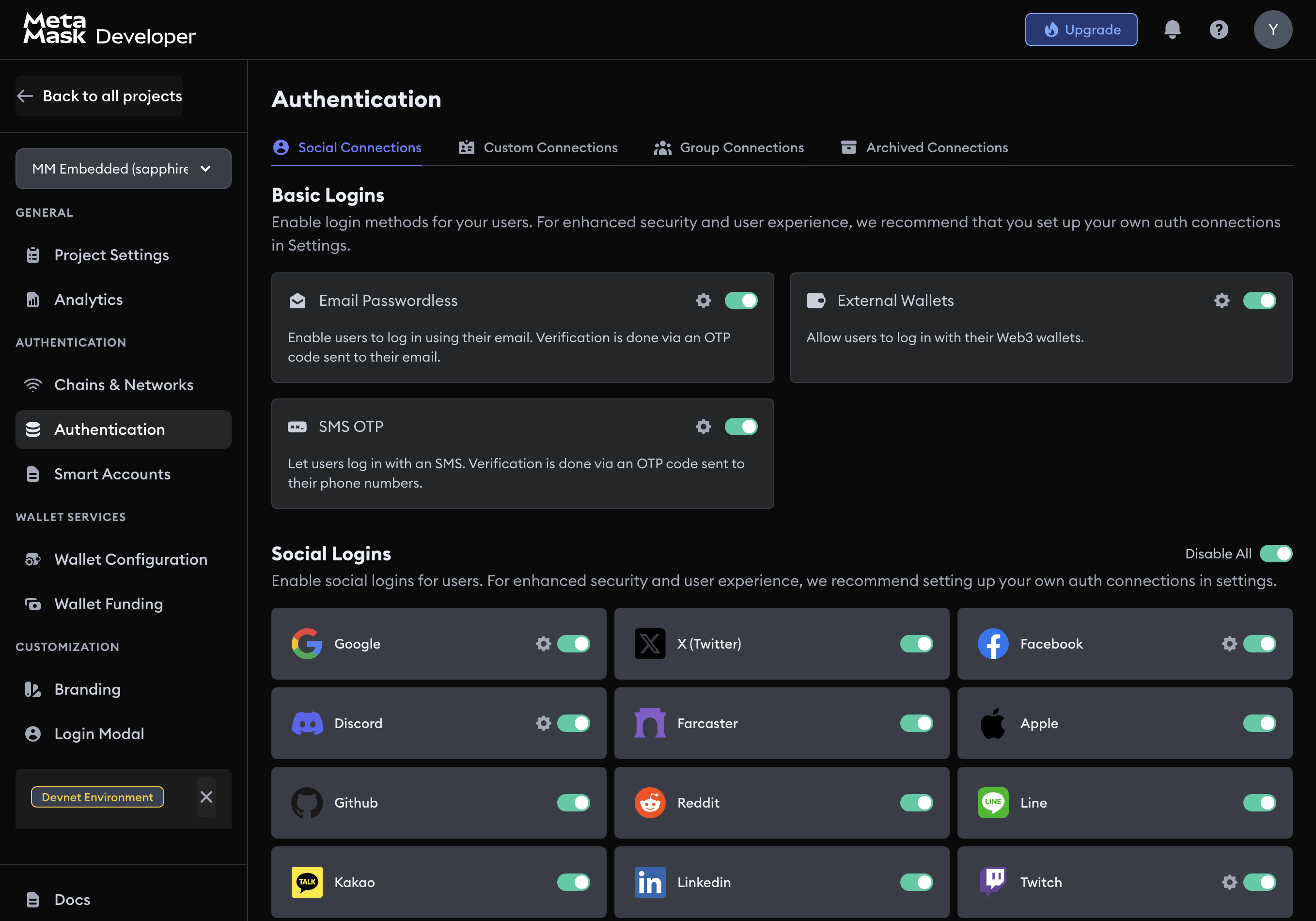 Facebook in the Social Connections settings